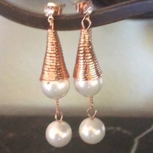 Gold plated pearl conical dangle earrings